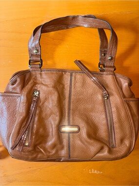 Etienne Aigner Cognac Brown Pebbled Leather Hobo Bag Shoulder Purse Monogram Lin
